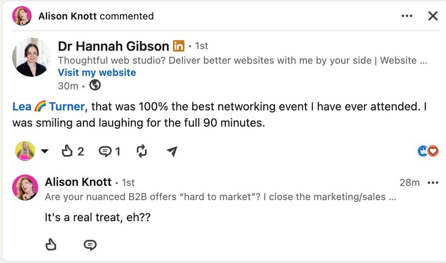 LinkedIn post from Dr Hannah Gibson calling it the best networking event she has ever attended