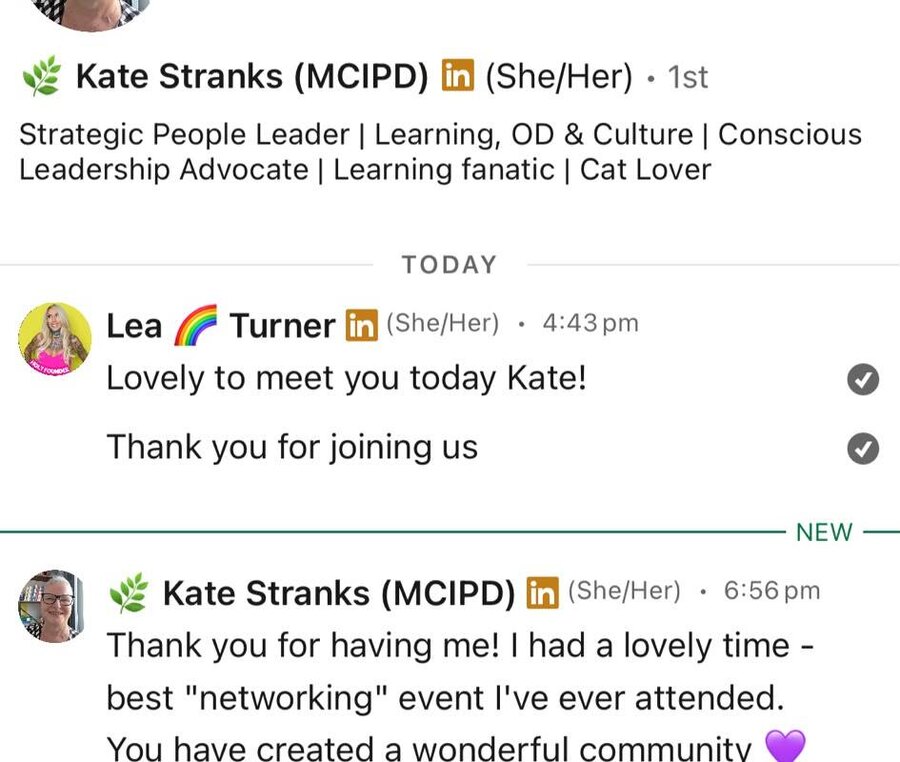 Message from Kate Stranks thanking Lea and calling it the best networking event she has attended